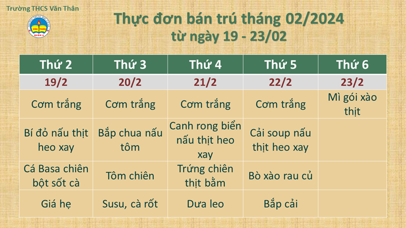 Thực đơn bán trú từ ngày 19 - 23/02/2024