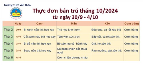 Thực đơn bán trú tháng 10/2024 từ ngày 30/9 - 4/10/2024