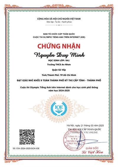 Em Nguyễn Duy Minh - lớp 9/1 - đạt giải nhì khối lớp 9 cuộc thi Olympic Tiếng Anh trên Internet dành cho học sinh phổ thông năm học 2024-2025.
