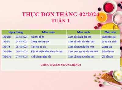 Thực đơn bán trú tuần 1 tháng 02.2025