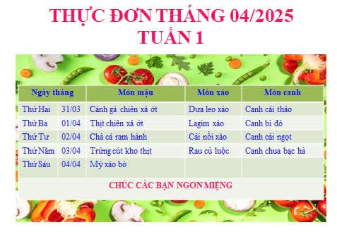 Thực đơn bán trú tuần 1 tháng 4.2025