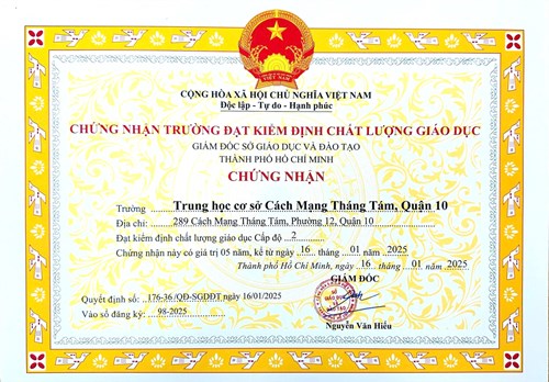 Trường thcs cách mạng tháng tám vinh dự đạt chuẩn kiểm định chất lượng giáo dục cấp độ 2 và trường chuẩn quốc gia cấp độ 1