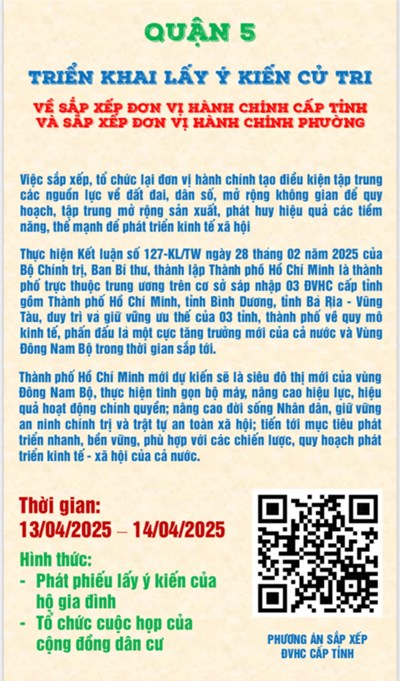 Quận 5
Triển khai lấy ý kiến cử tri: về sắp xếp đơn vị hành chính cấp tỉnh và sắp xếp đơn vị hành chính phường