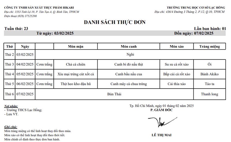 Thực đơn bán trú từ ngày 04/02 đến 7/02/2025