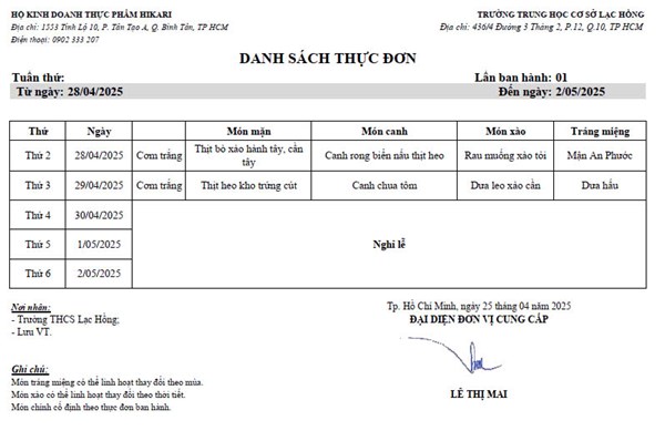 Thực đơn bán trú từ ngày 28/4 đến 02/5/2025