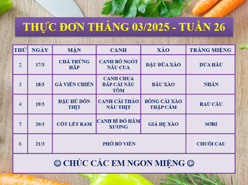 Thực đơn cho các lớp bán trú tuần 26: từ ngày 17/03/2025 đến ngày 21/03/2025