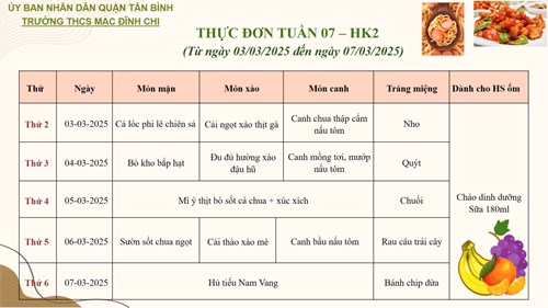 Thực đơn bán trú tuần 7 HKII (tuần 25) năm học 2024 - 2025