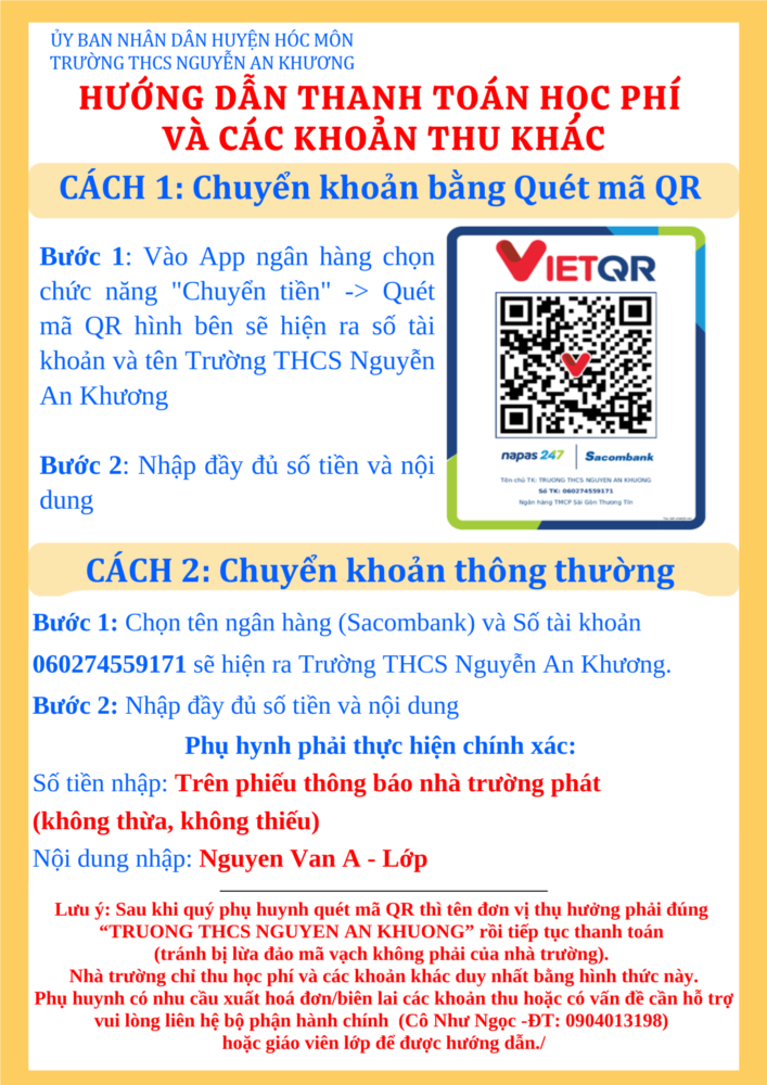 Hướng dẫn thanh toán học phí và các khoản thu khác
