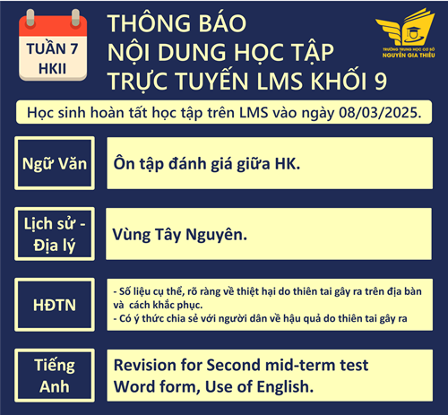 Nội dung học tập trực tuyến LMS Học kỳ II - năm học 2024-2025- Tuần 7