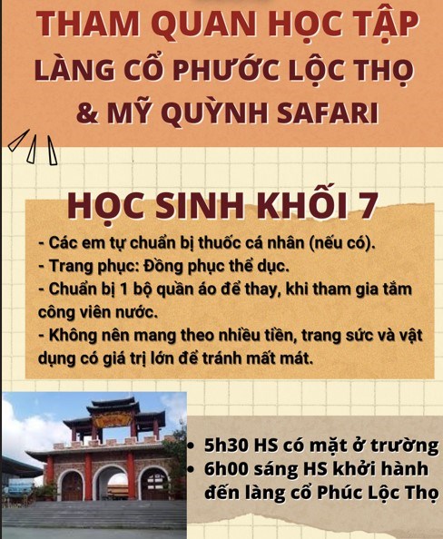 Danh sách học sinh khối 7 tham quan Làng cổ Phước Lộc Thọ và Mỹ Quỳnh Safari tỉnh Long An năm học 2024-2025
