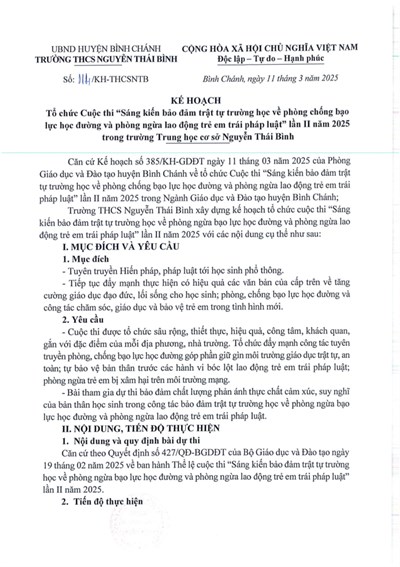 Kế Hoạch: Tổ chức Cuộc thi  Sáng kiến bảo đảm trật tự trường học về phòng chống bạo lực học đường và phòng ngừa lao động trẻ em trái pháp luật  lần II năm 2025 trong trường Trung học cơ sở Nguyễn Thái Bình