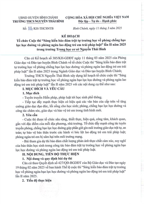 Kế Hoạch: Tổ chức Cuộc thi  Sáng kiến bảo đảm trật tự trường học về phòng chống bạo lực học đường và phòng ngừa lao động trẻ em trái pháp luật  lần II năm 2025 trong trường Trung học cơ sở Nguyễn Thái Bình