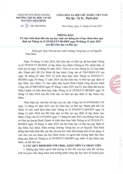 Thông Báo: Về việc Triển khai đến cha mẹ học sinh các thông tin về học thêm theo quy định tại Thông tư số 29/2024/TT-BGDĐT ngày 30/12/2024 của Bộ Giáo dục và Đào tạo