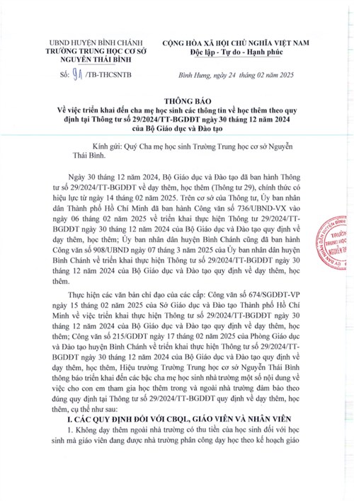 Thông Báo: Về việc Triển khai đến cha mẹ học sinh các thông tin về học thêm theo quy định tại Thông tư số 29/2024/TT-BGDĐT ngày 30/12/2024 của Bộ Giáo dục và Đào tạo