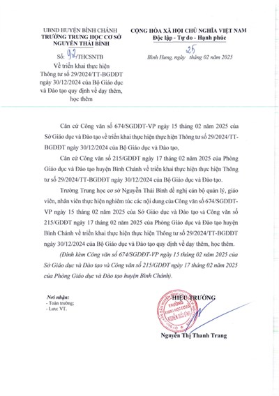 Thông Báo: Về Triển khai thực hiện Thông tư số 29/2024/TT-BGDĐT ngày 30/12/2024 của Bộ Giáo dục và Đào tạo quy định  về dạy thêm, học thêm