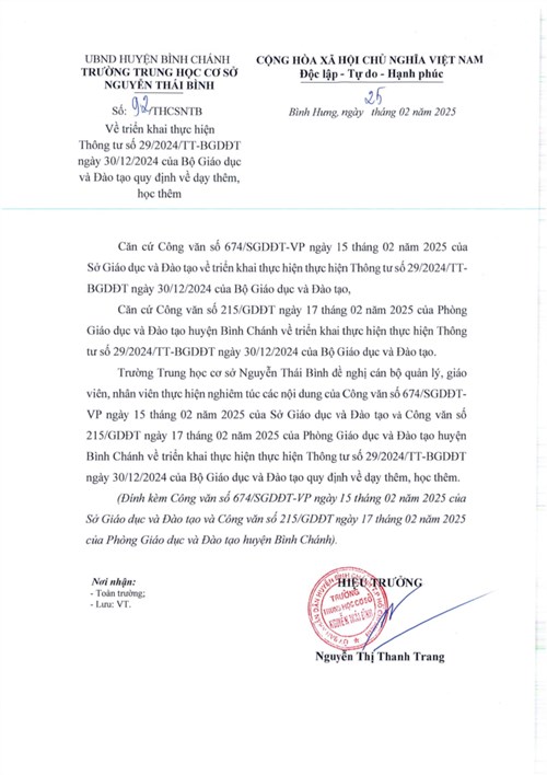 Thông Báo: Về Triển khai thực hiện Thông tư số 29/2024/TT-BGDĐT ngày 30/12/2024 của Bộ Giáo dục và Đào tạo quy định  về dạy thêm, học thêm