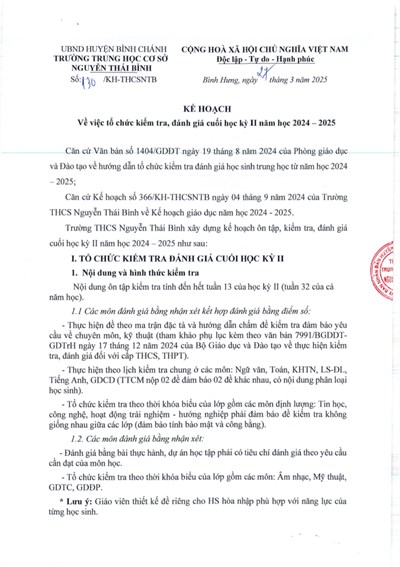 Kế hoạch về việc tổ chức kiểm tra, đánh giá cuối học kỳ II năm học 2024 - 2025