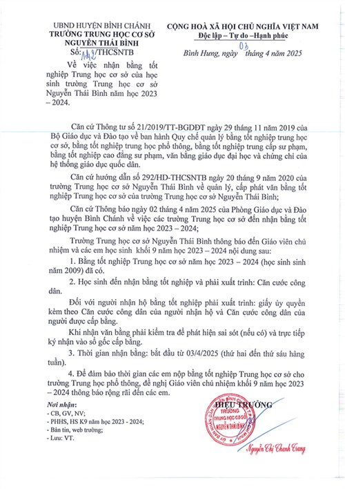 Thông Báo: Về việc nhận bằng tốt nghiệp Trung học cơ sở của học sinh Trường Trung học cơ sở Nguyễn Thái Bình năm học 2023 - 2024