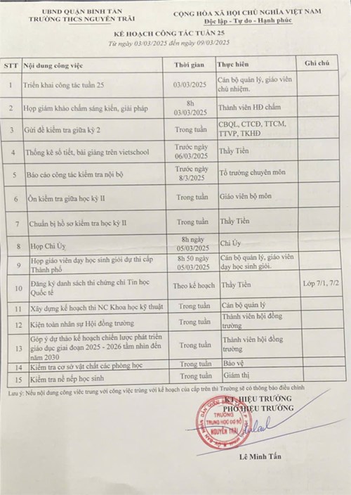 Lịch công tác tuần 25 từ ngày 03/03/2025 đến ngày 09/03/2025