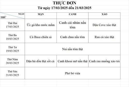 Thực đơn bán trú tuần 28