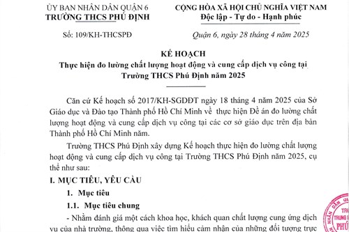 Kế hoạch thực hiện đo lường chất lượng hoạt động và cung cấp dịch vụ công tại Trường THCS Phú Định năm 2025