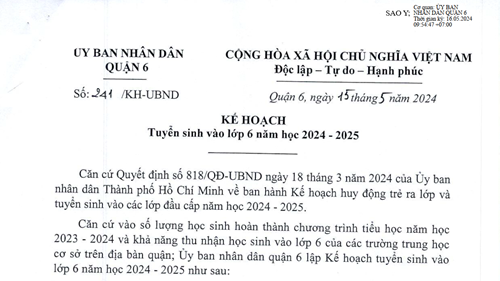 Kế hoạch số 241/KH-UBND của Uỷ ban dân quận 6 về Tuyển sinh vào lớp 6 năm học 2024 - 2025