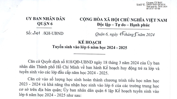 Kế hoạch số 241/KH-UBND của Uỷ ban dân quận 6 về Tuyển sinh vào lớp 6 năm học 2024 - 2025