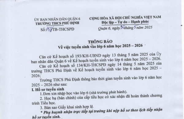 Thông báo về việc tuyển sinh vào lớp 6 năm học 2025 - 2026