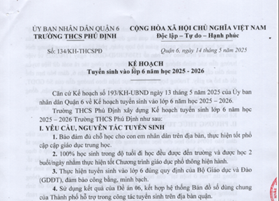 Kế hoạch Tuyển sinh vào lớp 6 năm học 2025 - 2026