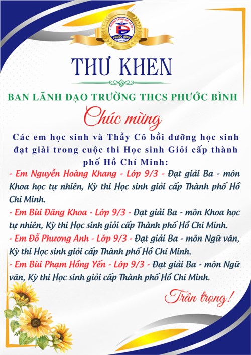 Trường THCS Phước Bình tuyên dương các em học sinh và Thầy Cô bồi dưỡng học sinh đạt giải trong cuộc thi Học sinh Giỏi cấp thành phố Hồ Chí Minh