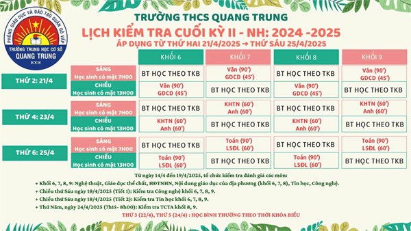 Lịch kiểm tra cuối kỳ 2 năm học 2024 - 2025