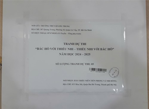 Liên đội THCS Quang Trung tham gia dự thi vẽ tranh chủ đề  Bác Hồ với thiếu nhi - Thiếu nhi với Bác Hồ  năm học 2024 - 2025 do Ban chấp hành Trung ương Đoàn TNCS Hồ Chí Minh triển khai. Số lượng tranh vẽ tham gia dự thi: 05 tranh.