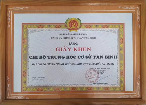 Chi bộ THCS Tân Bình đạt chi bộ  Hoàn thành xuất sắc nhiệm vụ tiêu biểu  năm 2024