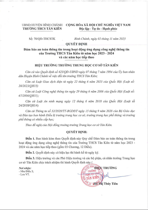 Quyết định đảm bảo an toàn thông tin trong hoạt động ứng dụng công nghệ thông tin của Trường THCS Tân Kiên từ năm học 2023 - 2024 và các năm học tiếp theo