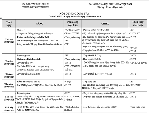 Lịch công tác tuần 01 - HKII từ ngày 13/01 đến ngày 18/01 năm 2025
