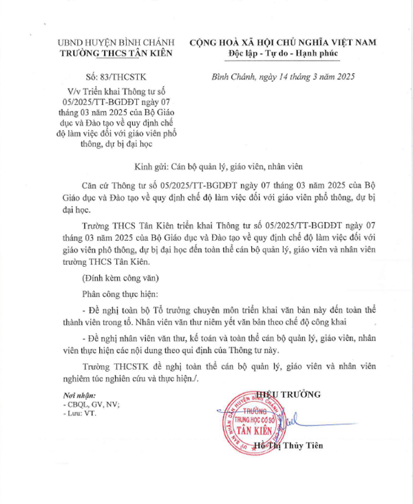 Số 83/THCSTK về việc Triển khai Thông tư số 05/2025/TT-BGDĐT ngày 07 tháng 03 năm 2025 của Bộ Giáo dục và Đào tạo về quy định chế độ làm việc đối với giáo viên phổ thông, dự bị đại học
