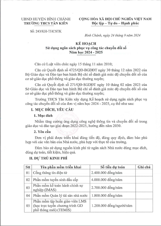 Kế hoạch sử dụng ngân sách phục vụ công tác chuyển đổi số năm học 2024 - 2025