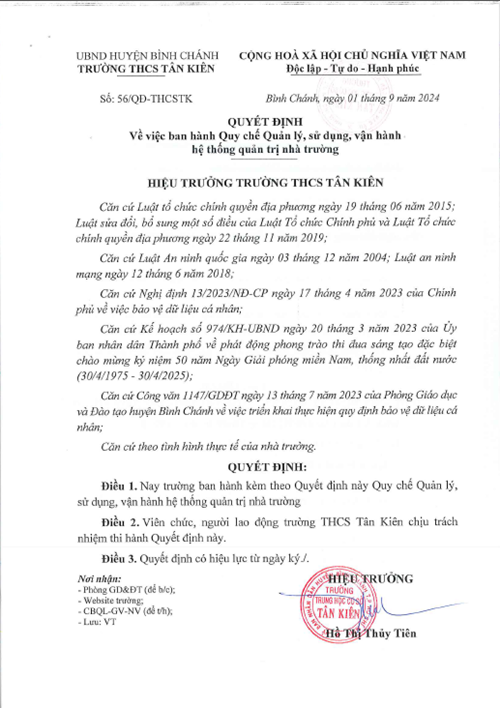 Quyết định Về việc ban hành Quy chế Quản lý, sử dụng, vận hành hệ thống quản trị nhà trường