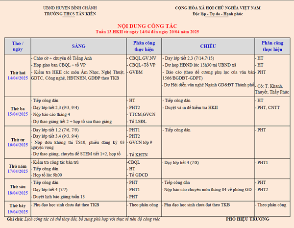 Lịch công tác tuần 13 - HKII từ ngày 14/04 đến 20/04 năm 2025