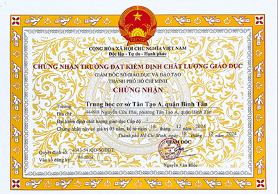 Về công nhận trường trung học cơ sở tân tạo a quận bình tân đạt kiểm định chất lượng giáo dục cấp độ 1