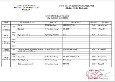 Lịch công tác tuần 22 từ (10/02 - 14/02/2025)