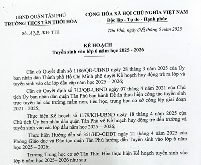 Trường thcs Tân Thới Hòa thông báo kế hoạch tuyển sinh vào lớp 6 năm học 2025-2026