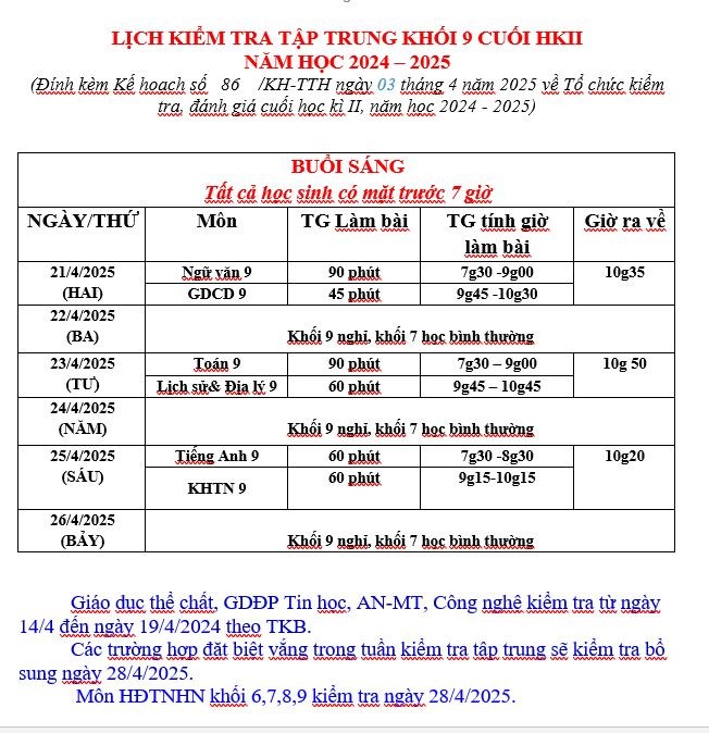 Trường thcs Tân Thới Hòa thông báo lịch thi cuối hk2 năm học 2024-2025