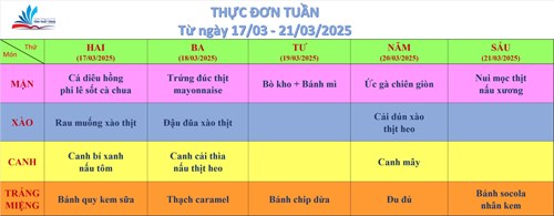 Kính gửi quý thầy cô, quý cha mẹ học sinh thực đơn bán trú (từ ngày 17/03/2025 đến ngày 21/03/2025)