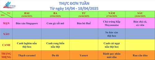 Kính gửi quý thầy cô, quý cha mẹ học sinh thực đơn bán trú (từ ngày 14/04/2025 đến ngày 18/04/2025)