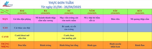 Kính gửi quý thầy cô, quý cha mẹ học sinh thực đơn bán trú (từ ngày 21/04/2025 đến ngày 26/04/2025)