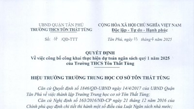 Quyết định về việc công bố công khai thực hiện dự toán ngân sách quý 1 năm 2025 của Trường THCS Tôn Thất Tùng