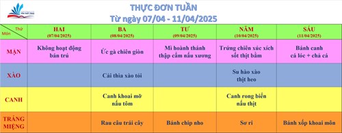 Kính gửi quý thầy cô, quý cha mẹ học sinh thực đơn bán trú (từ ngày 07/04/2025 đến ngày 11/04/2025)