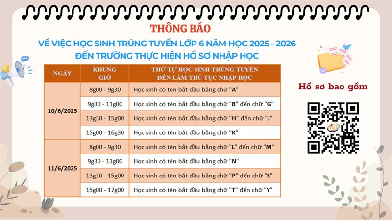 Thông báo về việc học sinh trúng tuyển lớp 6 năm học 2025-2026 đến trường thực hiện hồ sơ nhập học