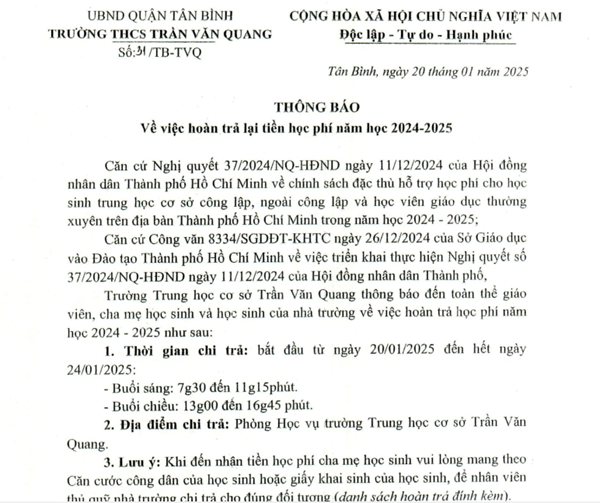 Thông báo về việc hoàn trả lại TIỀN HỌC PHÍ năm học 2024-2025